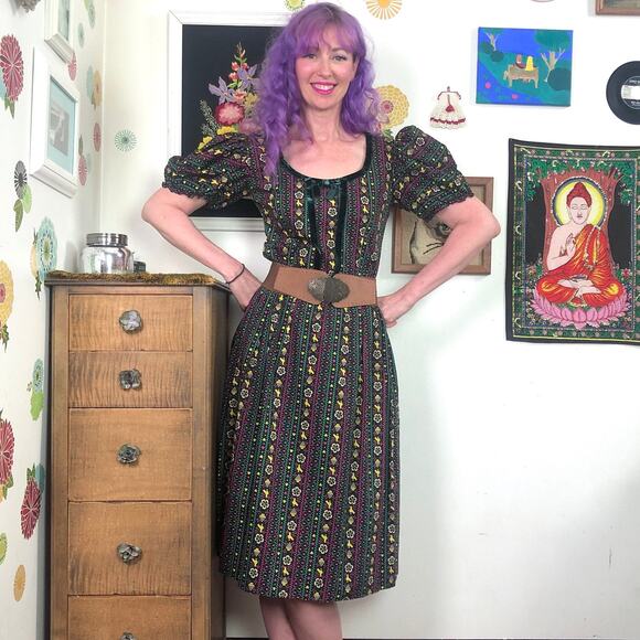 Vintage Dresses & Skirts - Vintage Scandinavian Bird Print Dress, Dark Cottagecore Puff Sleeve Dress, Sz M